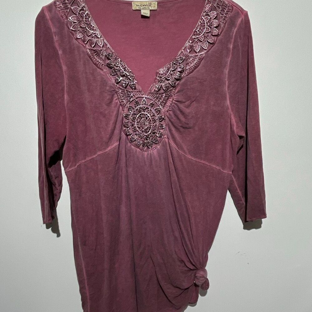 One World Women's Pink Studded Embroidered Floral 3/4 Sleeve Velour Blouse Large